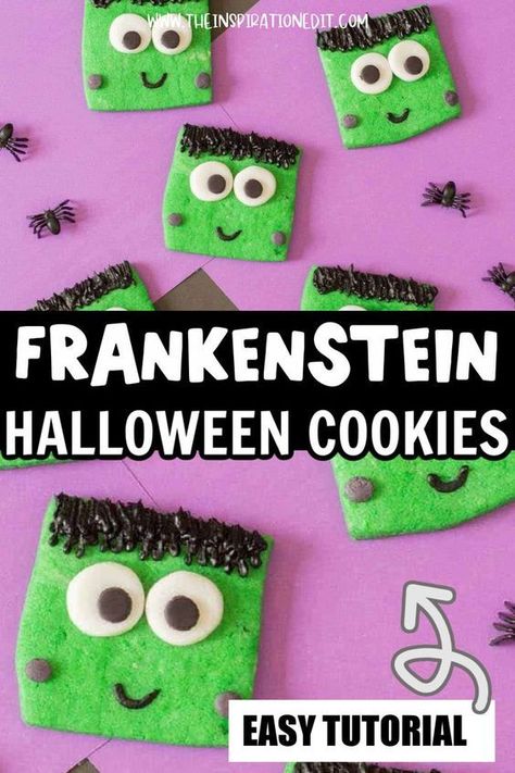 These Frankenstein Halloween cookies from the Inspiration Edit are amazing! If you need an easy dessert recipe to take to a Halloween party this year, then this is it! These cookies are so easy to make and taste amazing. Make them anytime this spooky season for a sweet treat! Halloween Frankenstein Cookies, Frankenstein Cookies, Spice Desserts, Cool Halloween Party, Halloween Party For Kids, Frankenstein Cookie, Halloween Party Food Ideas, Halloween Cookie Recipes, Halloween Party Food