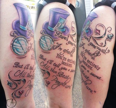 Mad Hatter tattoo by Tuesday Addams We’re All Mad Here Tattoo Ideas, Have I Gone Mad Tattoo, Missy Tattoo, Mad Hatter Tattoo Ideas, Mad Tattoo, Hatter Tattoo, Mad Hatter Tattoo, Alice And Wonderland Tattoos, Tattoo Hip