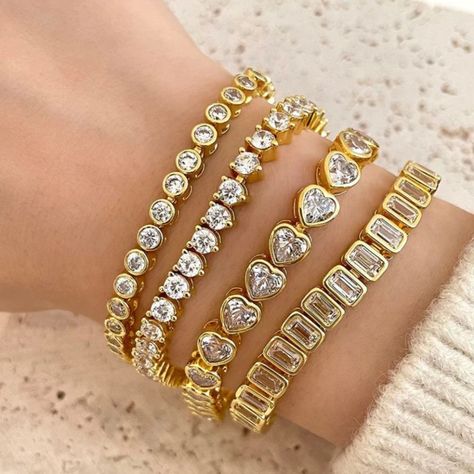 Heart Shaped Diamond Bezel Tennis Bracelet Steerling Steel 18k Gold Plated Heart Tennis Bracelet, Secret Message Bracelet, Message Bracelet, Tarnished Jewelry, Jewelry Accessories Ideas, Heart Shaped Diamond, Bracelet Online, The Grove, Stone Gold