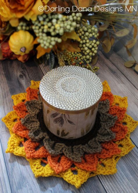 Crochet Fall Coasters, Crochet Candle Holder Pattern, Crochet Candle Holder, Thanksgiving Crochet Patterns, Crochet Candle, Crochet Cup Coaster, Sunflower Candle, Crochet Autumn, Thanksgiving Crochet