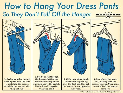 Employed by tailors around the world, this sartorial hack will ensure that your nicely ironed dress pants never again slide off the hanger. Sweater Hangers, Organiser Son Dressing, Hanging Pants, Clothes Closet Organization, Art Of Manliness, Clothes Organization Diy, Hanger Diy, Pant Hangers, How To Hang