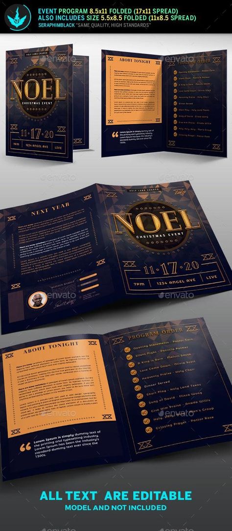 Noel Christmas Gala Program Template - GraphicRiver #brochure #design #BrochureTempate #InfoBrochure #BestDesignResources Gala Program Booklet Design, Gala Program, Print Design Brochure, Merry Christmas Fonts, Holiday Calligraphy, Arrow Tattoos For Women, Christmas Fonts Alphabet, Christmas Gala, Photoshop Program