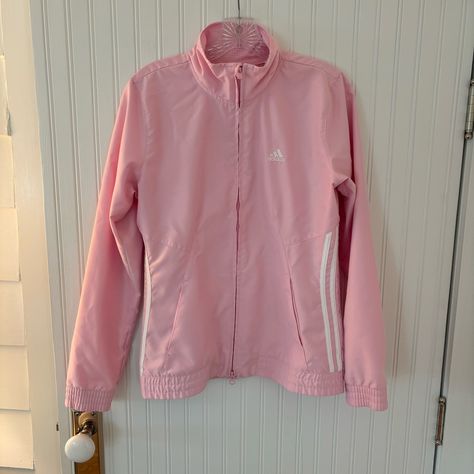 Excellent Nwot Condition Adorable Light Pink Adidas Track Jacket Windbreaker. Never Worn Iconic Adidas 3 Stripe Sides Embroidered Logo Full Double Zipper Measurements Fully Zipped Lying Flat Chest 19” Length 25.5” Sleeve Length 25” Smoke Free Home Pink Jacket Outfit, Adidas Zip Up, Blue Puffer, Red Vest, Adidas Track Jacket, Adidas Track, Red Adidas, Pink Adidas, Line Jackets