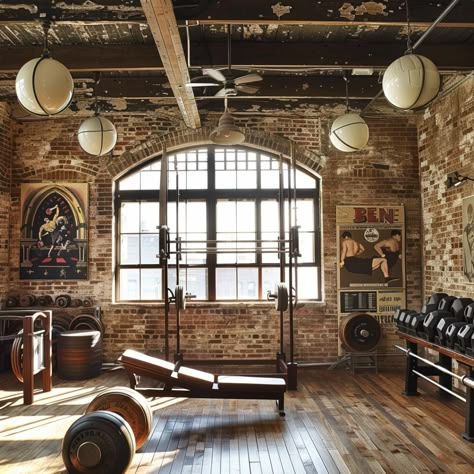 Top 20 Vintage Interior Design Ideas: Timeless Charm Meets Modern Sustainability in Your Home | Florgeous Vintage Home Gym Ideas, Cool Gym Interior, Old School Boxing Gym, Vintage Home Gym, Old Gym Aesthetic, Vintage Gym Aesthetic, Industrial Home Gym, Home Boxing Gym, Vintage Boxing Gym