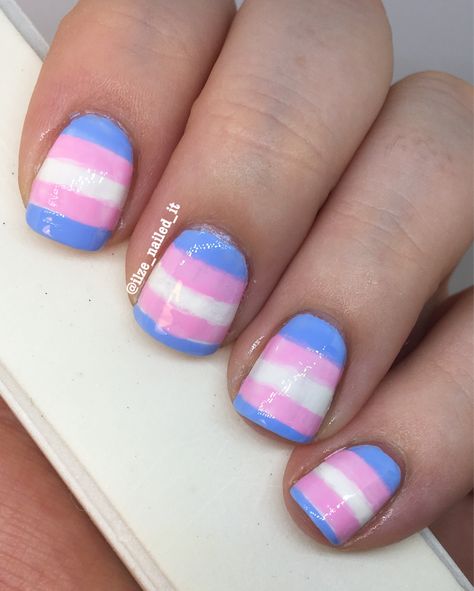 Trans ally pride nails Trans Pride Nails Designs, Trans Nail Art, Trans Flag Nails, Trans Nails Designs, Transgender Nails, Bisexual Nail Ideas, Trans Pride Nails, Trans Pride Makeup, Pride Nails Short