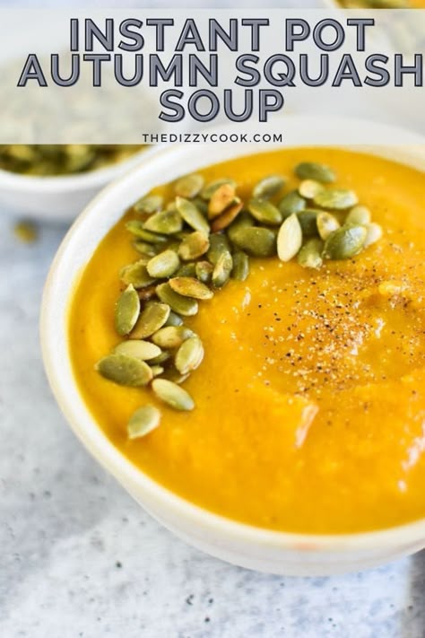 This autumn squash soup is inspired by the creamy curry butternut squash soup from Panera, but made easy in an instant pot. The whole process takes less than 30 minutes for a great winter soup recipe. Low Sodium Lunch Ideas, Squash Soup Instant Pot, Autumn Squash Soup, Panera Autumn Squash Soup, Soup And Salad Combo, Acid Reflux Diet Meals, Dizzy Cook, Winter Squash Soup, College Meal