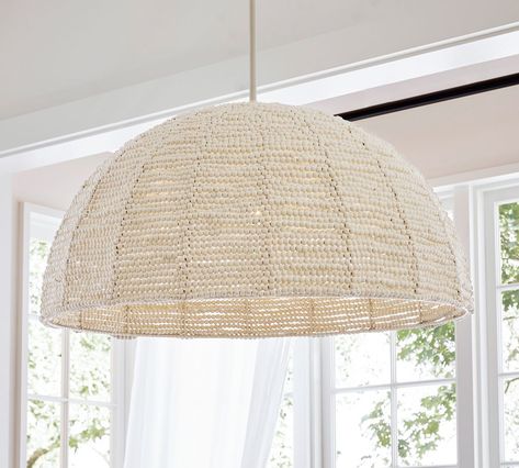 Bristol Wood Bead Dome Pendant | Pottery Barn Beaded Pendant Light, Lighting 2023, Coastal Pendant Lighting, Lighthouse Point, Pool Bathroom, Nook Ideas, Dome Pendant Lighting, Outdoor Cushion Covers, Surf City