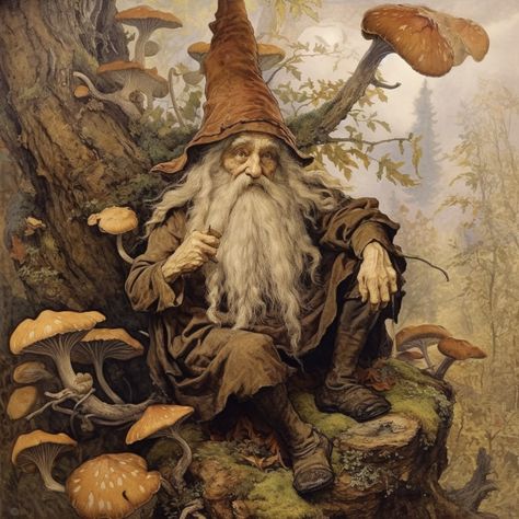 Forest Gnome Art, Elves And Fairies Fantasy Art, Gnome Fantasy Art, Elves Illustration, Gnome Aesthetic, Wizard Painting, Vintage Fantasy Art, Mushroom Wizard, Wizard Illustration