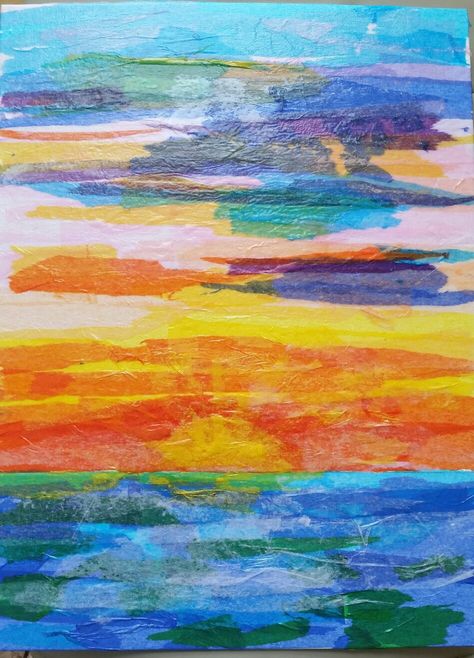 Sunset tissue paper collage, at home Tissue Paper Landscape, Crumpled Tissue Paper Art, Tissue Paper Collage Art Ideas, Tissue Paper Art For Adults, Tissue Paper Collage Art, Art Ideas Black And White, Paper Collage Art Ideas, Collage Sunset, Reflection Room