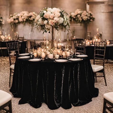 Elegant Black Crushed Velvet Round Table Cloth-  Size- 90”,  108”, 120” Table Decor With Black Tablecloth, Black Velvet Tablecloth Wedding, Wedding Black Tablecloth, Black Table Cloth Wedding, Chantelle Wedding, Black Table Linens Wedding, Wedding Shopping List, Black Tablecloth Wedding, Noir Wedding