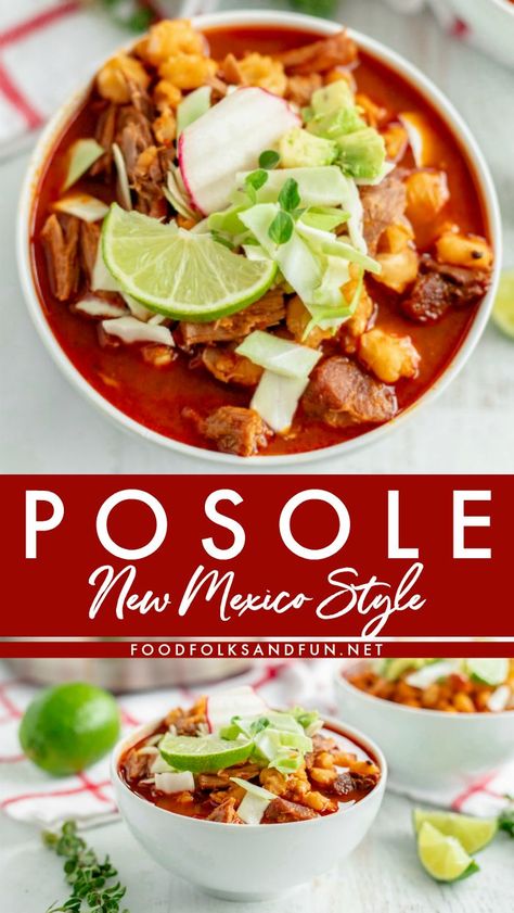 This New Mexico Posole recipe is a hearty, flavorful pork soup or stew that is made with New Mexico red chiles, garlic, pork, and hominy. #Posole #NewMexicanFood #NewMexico #Authentic #ComfortFood #Pork #Hominy #Christmas #ChristmasRecipe #Dinner #DinnerRecipe #recipe #foodfolksandfun Pazole Soup Mexican Posole Pork, Pazole Soup Mexican, Posole Recipe Pork, Pazole Soup, New Mexico Posole, New Mexico Posole Recipe, Pork Posole Recipe, Pork Posole, Posole Recipe