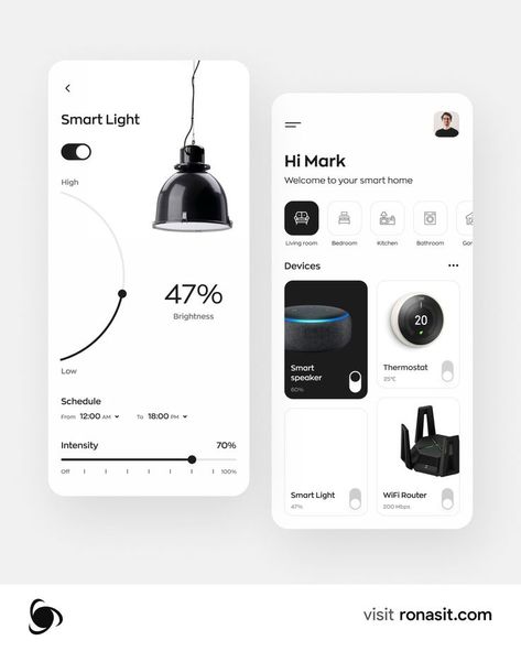 Coming back to you with our fresh shot — smart home app! This app allows users to manage various types of devices in smart houses.

The home page displays the list of rooms and devices. The second screen displays a toggle for switching the light, and scales for setting light brightness, intensity, and schedule. App For Design, Tech App Design, Product App Design, Home Page Ui Design Mobile App, Smart House Design, Smart Home App Design, Display Screen Design, App Home Page, Smarthome App