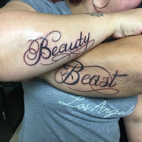 Matching Disney Tattoos, Disney Couple Tattoos, Couple Tattoo Ideas, Beast Tattoo, Butterfly Name Tattoo, Beauty And The Beast Tattoo, Name Tattoos On Wrist, Beauty And Beast, Disney Couple