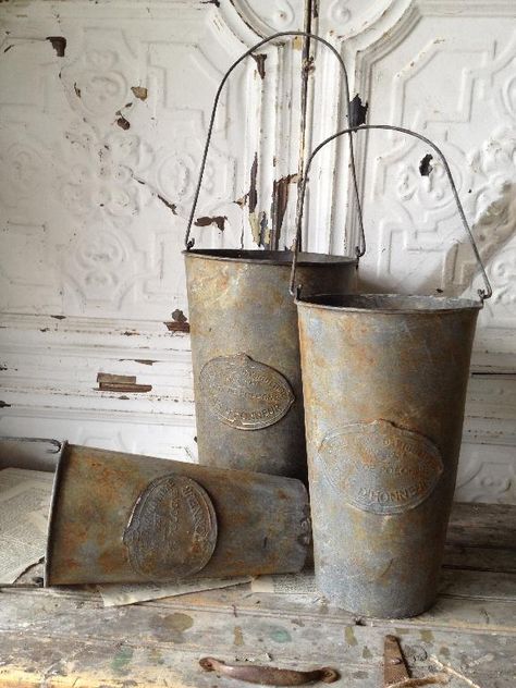 Embossed Metal Hanging French Flower Market Buckets (Set of 3 buckets) $59 French Flower Market, French Flower Bucket, Metal Buckets, Galvanized Buckets, Old Metal, Embossed Metal, Flower Bucket, Flea Market Finds, French Country House