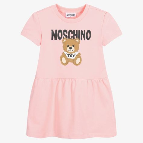 Pink dress for girls by Moschino Kid-Teen, with the brand's signature Moschino Teddy Bear printed on the front. Made in soft and comfy cotton jersey, it has a ribbed neckline and a pretty gathered skirt. Moschino Teddy Bear, Designer Dresses For Kids, Moschino Kids, Girls Pink Dress, Pink Teddy, Gathered Skirt, Ribbed Neckline, Cotton Logo, Dresses For Teens