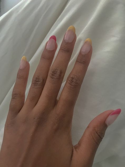 pink and yellow french nails French Tips Blue, Nail Designs Yellow, Yellow French Nails, Blue And Yellow Nails, Gymnastics Fails, Nail Inspired, Gel X Nail, Yellow French, Blue French Tips