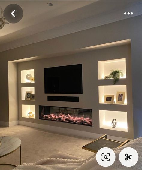 Basement Tv Wall With Electric Fireplace, Modern Lounge Ideas Living Rooms, Lounge Alcove Ideas, Living Room With Media Wall, Small Media Wall Ideas, Large Media Wall, Tv Wall Unit Living Room, Long Tv Wall, Built In Media Wall