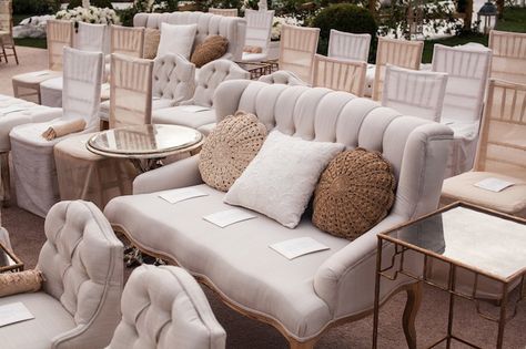 Couches At Wedding Ceremony, Couches For Wedding Ceremony, Wedding Ceremony Seating Arrangement, Creative Seating Ideas, Wedding Reception Seating Arrangement, Vintage Furniture Wedding, Seating Wedding, Wedding Ceremony Seating, Mindy Weiss