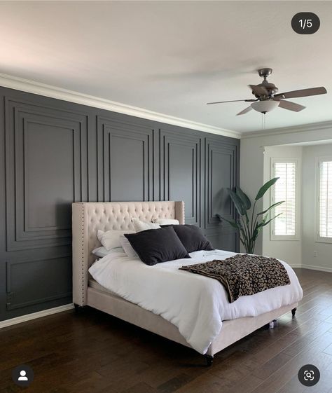 Accent Wall Bedroom With Crown Molding, Accent Wall Molding Master Bedrooms, Waynes Coating Master Bed, Picture Frame Moulding On Walls Master Bedrooms, Wayne’s Coating Bedroom Wall, Molding Wall, Tennessee House, Feature Wall Bedroom, Trim Molding