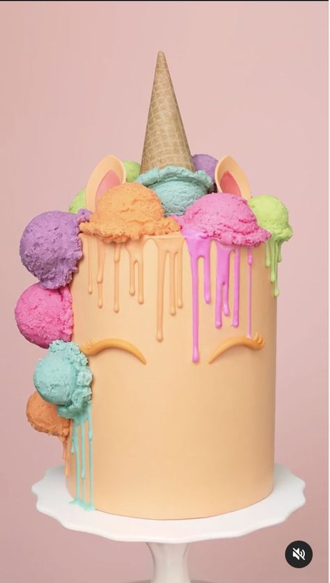 Unicorn Ice Cream Cake, Unicorn Ice Cream Party, Ice Cream Drip Cake, Maket Pasta, Faux Ice Cream, Pastel Rainbow Cake, Unicorn Ice Cream, Ice Cream Birthday Cake, Fun Cakes