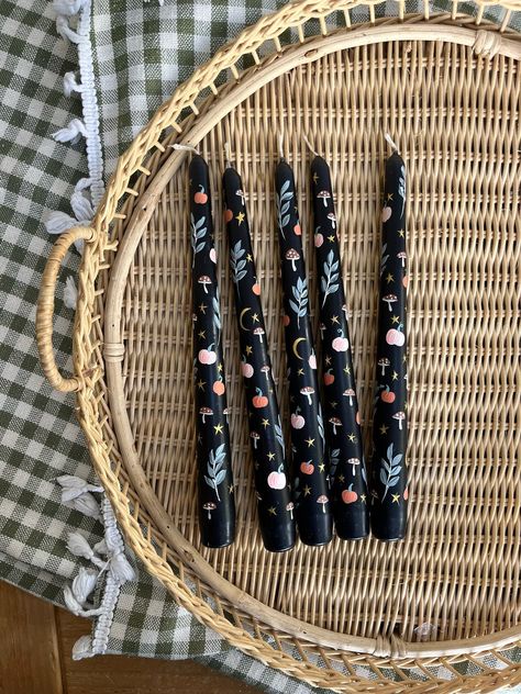 Bougie Wax Bespoke hand painted tapered candles Candle Painting, Diy Candle Sticks, Black Taper Candles, Spooky Pumpkins, Painted Candlesticks, Tapered Candle, Pumpkin Images, Tapered Candles, Moons And Stars