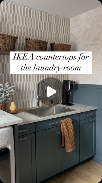 Jaimi Bengtson on Instagram: "Yes, home improvement stores sell laminate countertops too, but not the right size.

The standard width countertop is not going to work above a washer unless you want a seam down the middle…

IKEA has an “island sized” countertop that is perfect for this! You’ll have to cut it to size, but it’s wide enough to fit above your washer and dryer and is super affordable! 

👉🏻 This one is the “Ekbacken” island countertop in lively marble. 

Grab some meatballs while you’re there, too." Ireland Houses, Island Countertops, Laminate Countertops, Home Improvement Store, Washer And Dryer, Laundry Room, Home Projects, Laminate, Countertops