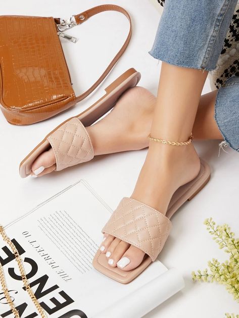 Female Slippers And Sandals, Daily Wear Slippers For Women, Trendy Flat Synthetic Slippers, Female Footwear Slippers, Shein Slippers, Leather Slippers Woman, Modern Leather-sole Slippers For Spring, Slippers Photography, Classy Slippers