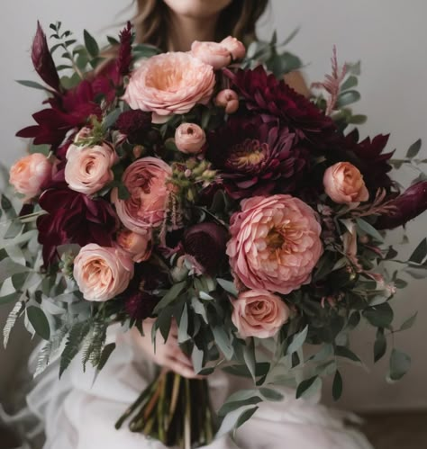 Dark Pink Bouquet Wedding, Moody Fall Wedding Table Decor, Moody Romantic Wedding Bouquet, Bridal Bouquet Moody, Valentines Day Wedding Bouquet, Plum Winter Wedding, Pomegranate Wedding Color, February Flower Bouquet, Moody Bridal Bouquet