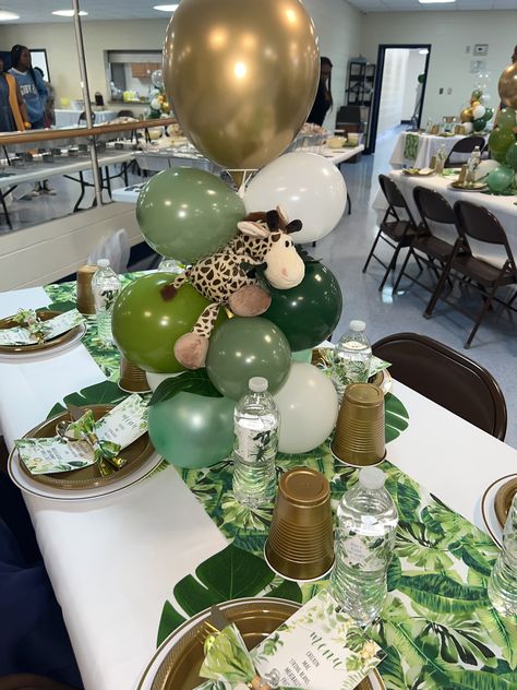 Jungle Safari Table Decorations, Tarzan Baby Shower Ideas, Baby Shower Safari Table Setting, Jungle Baby Shower Table Decor, Safari Candle Centerpieces, Lion Baby Shower Theme, Safari Baby Shower Centerpieces With Vases And Sand, Baby Shower Table Decor, Shower Table Decor