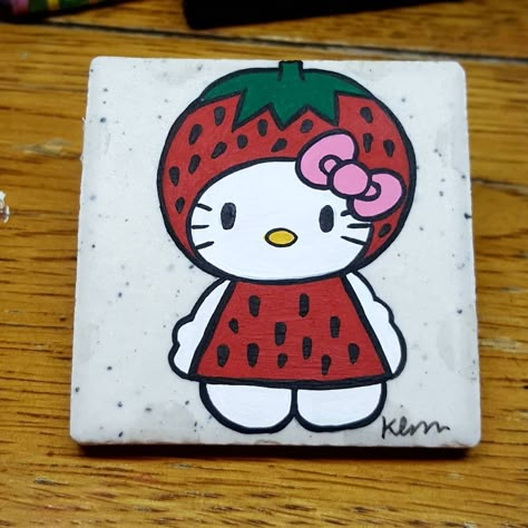 Easy Paintings Hello Kitty, Hello Kitty Art Painting, Strawberry Hello Kitty Painting, Cute Paintings Hello Kitty, Canvas Painting Ideas Hello Kitty, Hello Kitty Mini Canvas Painting, Mini Canvas Art Hello Kitty, Strawberry Canvas Painting Easy, Hello Kitty Painting Canvases