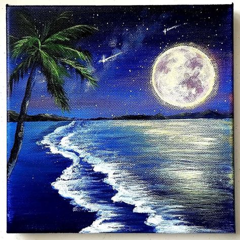 Ocean At Night Painting, Beach At Night Painting, Waves Acrylic Painting, Mermaid Canvas, Acryl Painting, Drawing Arts, Ocean At Night, Artwork Acrylic, Moonlit Night