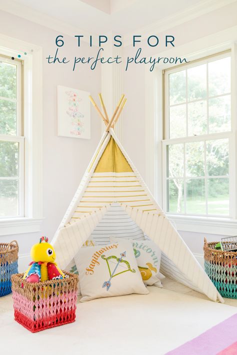 Create a space that your kids love to laugh, imagine, and play in with these 6 tips for creating the perfect playroom! These simple tips for how to cater to all ages includes fun ideas like an arts and craft table and reading nook teepee! Playroom Teepee Ideas, Playroom Teepee, Diy Playroom Tent, Diy Play Tents For Kids, Playroom With Teepee, Diy Kids Tent Indoor, Kids Play Tent Diy, Small Playroom, Childrens Playroom