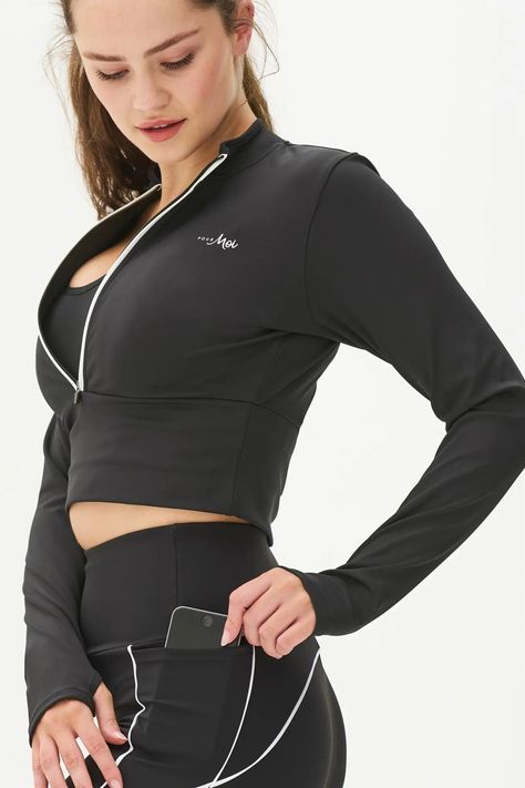 Seamless Crop Top, Black Sportswear, Sports Bra And Leggings, Panel Leggings, Black Zip Ups, Black Crop Tops, Cropped Top, Long Sleeve Crop Top, Work Out