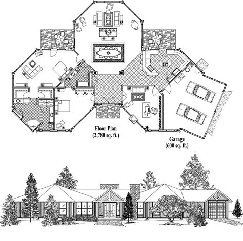 Premiere Collection PR-0403 (3380 sq. ft.) 2 Bedrooms, 2 Baths Octogon House Plans, Hexagon Building, Octagonal House, U Shaped Houses, Round House Plans, Octagon House, Living Dining Kitchen, Luxury Plan, Hexagonal Design