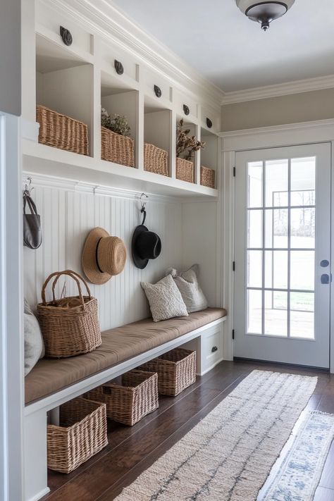 narrow-entryway-ideas Functional Entryway Ideas, French Country Entryway, Modern Farmhouse Mudroom, Entryway Inspo, Farmhouse Mudroom, Present Design, Narrow Entryway, Mudroom Organization, Mudroom Entryway