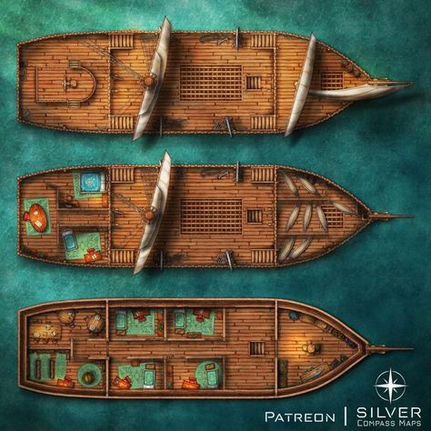 A dnd battlemap of a three-floored sailing ship equipped with cannons, cabins, and a kitchen. D&d Boat Map, Boat Battlemaps, Dnd Boat Map, Boat Battle Map, Ship Maps Dnd, Dnd Ship Battle Map, Dnd Pirate, Pirate Ship Design, Dm Tools