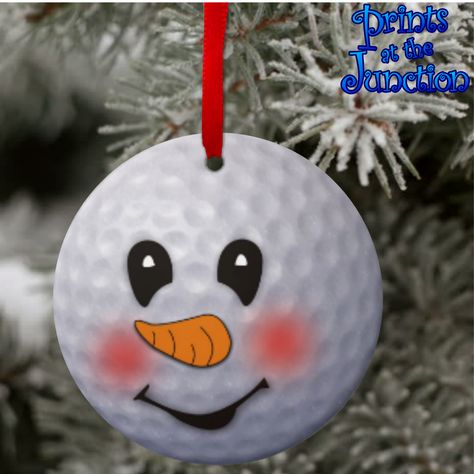 Golf snowman ornament/ golf snowman Christmas ornament and gift tag featuring a golf ball illustration with adorable snowman face. A unique holiday gift for golf lovers and creates a memorable keepsake. Use as an ornament for your tree or as a gift tag to add that special touch to a gift. Back of ornament is solid white. This is a flat, 2.8" diameter ornament and is made of high quality ceramic. Imprinted in rich full color on one side and includes red ribbon for hanging. Golf Birthday Gifts, Golf Ball Gift, Golf Christmas, Golf Ball Crafts, Golf Christmas Gifts, Gifts For Guys, Golf Decor, Christmas Golf, Golf Birthday