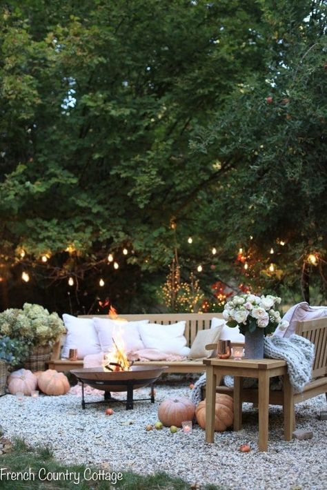 How to transition your home from summer to autumn - French Country Cottage Country House Outdoor Lighting, French Country Fire Pit, Cottage Garden Fire Pit, Country Fire Pit Ideas, Cottage Fire Pit, Fire Pit String Lights, Fall Patio Decor, Heirloom Pumpkins, Autumn Ambiance