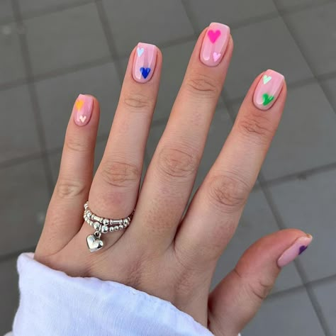 Fun Nail Designs French Tip, Simple Short Round Nail Designs, Hydrangea Nail Design, Mani For Short Nails, Square Pink Acrylic Nails, Gel Nails Birthday, Pride Nails Designs Short Nails, Rainbow Heart Nails, Nails Square Pink