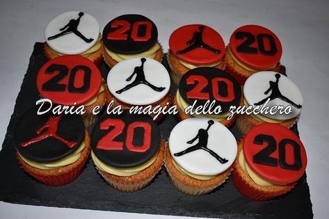 Air Jordan cupcakes  by Daria Albanese Jordan Cupcakes, Jordan Cookies, Air Jordan Cake, Michael Jordan Cake, Fondant Olaf, Jordan Ideas, 23 Birthday Cake, Jordan Cake, Basketball Birthday Cake