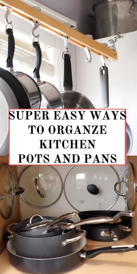 Hanging Pots Kitchen, Organize Pots And Pans, Pan Storage Diy, Kitchen Pots And Pans, Organizing Kitchen, Cookware Organization, Kitchen Pots, Organize Kitchen, Pot And Pans Organization