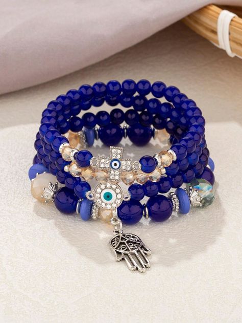 1pc Blue Eye Beaded Hand Chain With 4pcs Cross Hamsa Hand Pendant Royal Blue         Women Fashion Jewelry, size features are:Bust: ,Length: ,Sleeve Length: Latest Bracelets, Hand Pendant, Beaded Cross, Blue Evil Eye, Lingerie Accessories, Beaded Jewelry Patterns, Blue Eye, Hand Chain, Watches Women Fashion