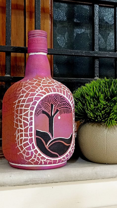 Bottleart or Bottle painting Old Monk Bottle Painting, Old Monk Bottle Art, Unique Bottle Art, Diy Wall Hanging Decorations, Bottles Painting, Bottle Painting Ideas, Bottle Work, Beer Bottle Art, Bottle Art Projects