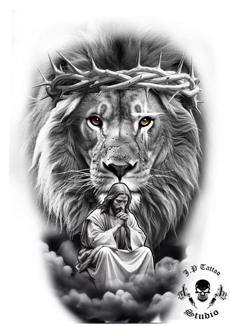 Lion Jesus Tattoo, Jesus Forearm Tattoo, Lion And Lioness Tattoo, Lion Shoulder Tattoo, Hair Tattoo Designs, Jesus Tattoo Design, Arm Tattoos Drawing, Bible Tattoos, Animal Sleeve Tattoo