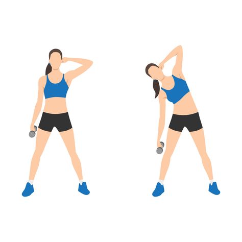 Download the Woman doing Dumbbell side bend exercise. Flat vector illustration isolated on white background 5580071 royalty-free Vector from Vecteezy for your project and explore over a million other vectors, icons and clipart graphics! Bending Exercises, Side Bends Exercise, Dumbbell Side Bend, Running Illustration, Cute Sketches, Flat Vector Illustration, Flat Vector, Free Vector Images, Bend