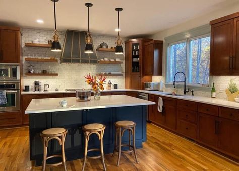 Navy Kitchen Island Wood Cabinets, Blue And Brown Cabinets Kitchen, Dark Wood Cabinets With Light Wood Floor, Brown Kitchen Paint, Dark Walnut Kitchen Cabinets, Dark Walnut Kitchen, Kitchen Wood Flooring, Kitchen Island Colors, Kitchen Cabinets Brown