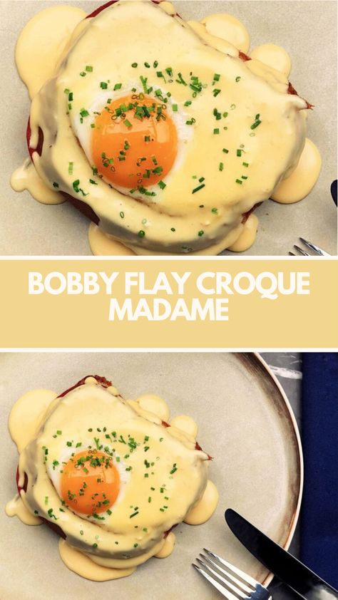 Bobby Flay’s Banana Croque Madame, with butter, flour, milk, gruyere, Parmesan, Dijon mustard, ham, and eggs, is ready in just 35 minutes, serving 6. Croque Madame Recipe, Queso Fundido Recipe, Fundido Recipe, Cheesy Sandwich, Bobby Flay Recipes, Croque Madame, Ham And Eggs, Bobby Flay, Banana Nut Bread