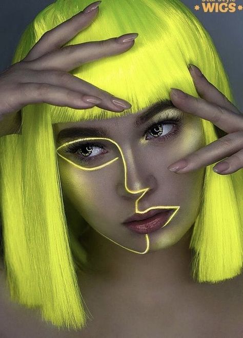 Cyberpunk Makeup, Neon Face Paint, Yellow Wig, Uv Makeup, Futuristic Makeup, Fantasy Make-up, Neon Makeup, Face Art Makeup, Rave Makeup