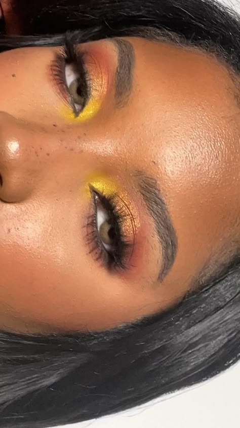 #makeuplooks #makeupideas #softglam #makeuptransformation #makeupinspo #glammakeup #makeuptutorials #blackgirl Yellow Looks Makeup, Eyeshadow Looks For Tan Skin, Yellow Orange Makeup Looks, Eyeshadow Yellow Ideas, Yellow Eyeshadow Black Women, Mustard Makeup Look, Yellow And Orange Eye Makeup, Mustard Yellow Makeup Looks, Wanna Bee Palette Looks