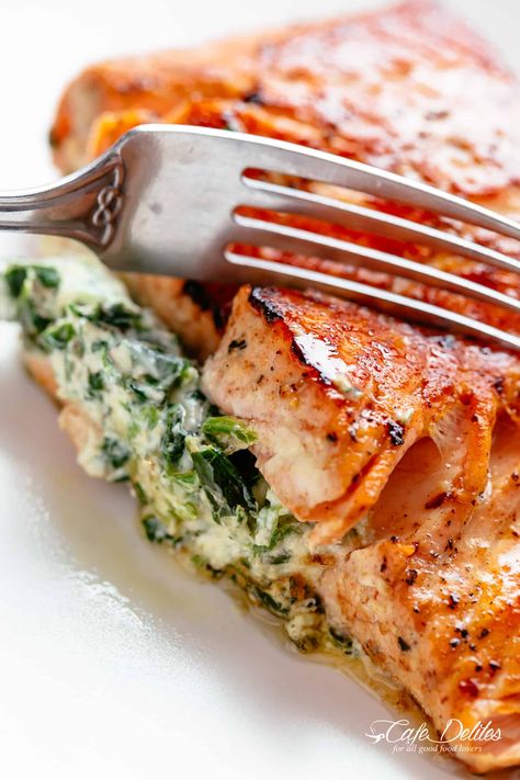 Spinach Stuffed Salmon, Low Carb Salmon Recipes, Low Carb Salmon, Stuffed Salmon, Garlic Butter Salmon, Oven Baked Salmon, Butter Salmon, Baked Salmon Recipes, Salmon Dishes